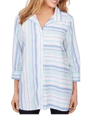 NWT Foxcroft Blue and Aqua Striped Button-Front Top Linen blend sz 22